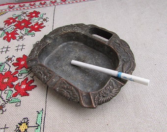 Vintage Copper Ashtray, Ornate Floral Edge, Tobacciana Decor