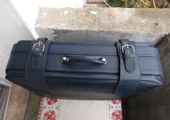 Vintage Leather Suitcase 1980s, Large Blue Faux L… - image 4