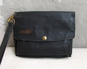 ON SALE! Rare Vintage 60’s Men's Faux Black Leather Bag, Black Leather Wrist Handbag, Passport iPhone Wristlet Purse, Travel Handbag