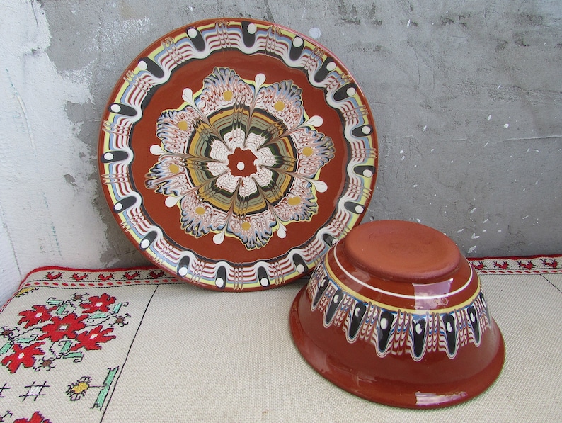 Traditional Bulgarian Pottery Stoneware Hand-Painted Glazed Plate Rustic Style Handmade Clay Plate Vintage Ceramic Serving Plate