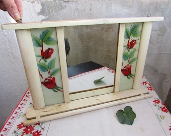 Vintage Wooden Mirror with Towel Rack, Floral Detail