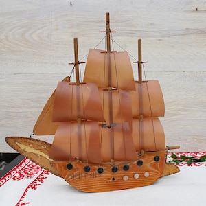 Vintage Wooden Sailing Ship, Handmade Wood Navy Ship #3, Wood Boat Ship Model, Wooden Yacht, Ship with Sails, Vintage Nautical Sailboat