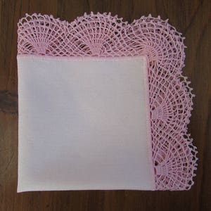 Handmade Pink Handkerchief, Ladies Pink Hand Crochet Edging Handkerchief, Textile Hanky, Crocheted Pink Lace Edge Hanky, Gift for Her