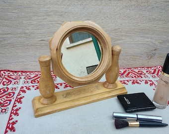 Vintage Mirror with Wooden Stand, Vanity Mirror Wooden Frame, Cosmetic Mirror, Vintage Rotatable Wooden Makeup / Shaving Vanity Mirror