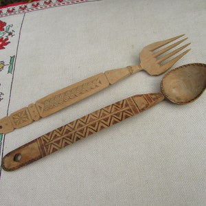 Vintage Handmade Wooden Spoon and Fork, Hand Wood-Carved Spoon and Fork, Hand Carved Wood Folk Art, Bulgarian Folk Art, Handcrafted Art