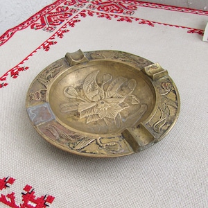 Vintage Brass Ashtray, Antique Brass Ashtray for Four Cigarettes, Vintage Tobacciana, Unique Brass Ashtray, Brass Souvenir Ashtray