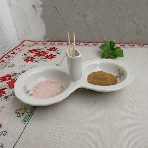 Vintage Porcelain Salt and Pepper Cellar‘70s, Double Open Salt Cellar #6, Porcelain Salt Shaker, Salt and Pepper Holder, Salt Open Container
