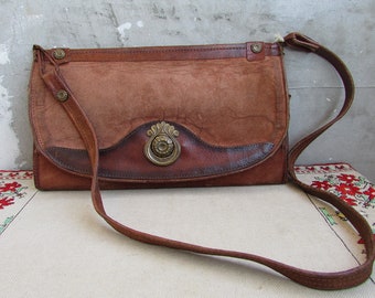 Vintage Brown Genuine Leather and Brass Shoulder or Cross Body Handbag, Women Brown Leather Purse, Patent Leather Strap Bag,Unique Model Bag