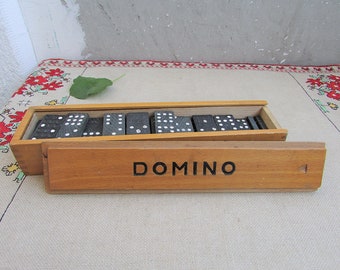 Vintage DOUBLE Dominoes Game Set, Kids Wooden Toy, BIG Wooden Domino, Old Domino Set in Wooden Box, Board Game, Wooden Tiles Set