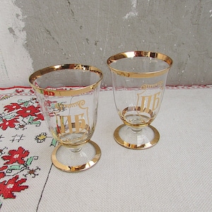 Set of 2 Vintage Glasses 1950s, Clear Glass Glasses with Golden Decoration, Vintage Shot Glasses, Set of 2 Alcohol Vodka Liqueur Glasses