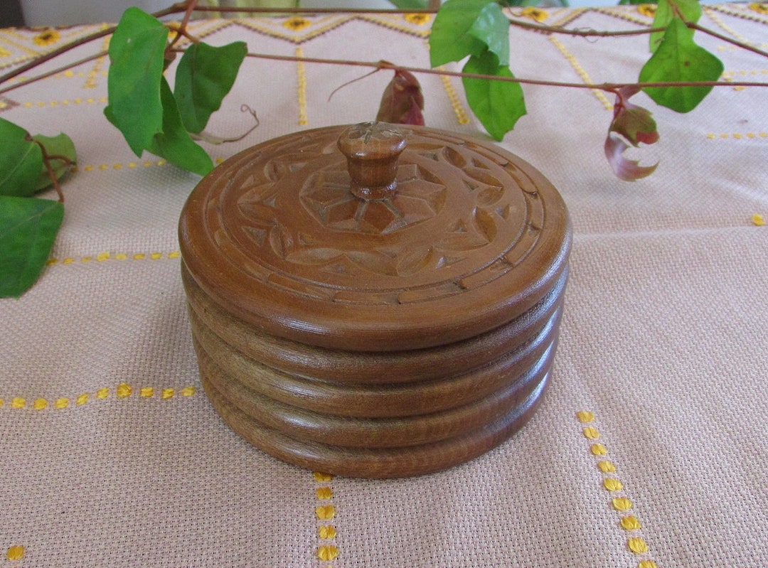 Vintage Round Wooden Jewelry Box Handmade Wood Box With Etsy