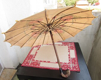 Vintage 1950's Umbrella, Hand Painted Red Mini Umbrella, Ladies Folding Parasol, Wood Handle Old Umbrella, Photo Prop, Theatre Movie Prop