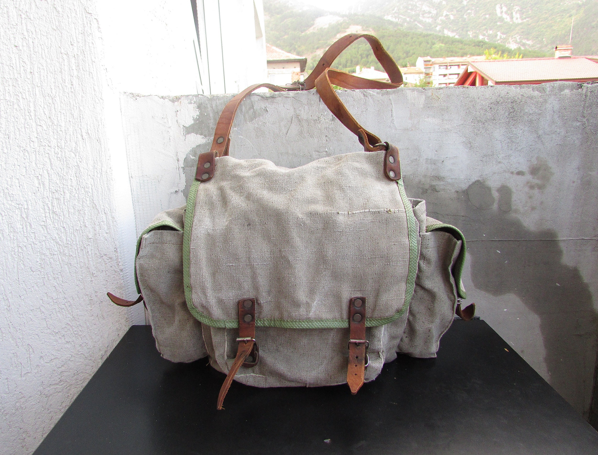 Green Military Canvas Bag Leather Straps Vintage Haversack Etsy