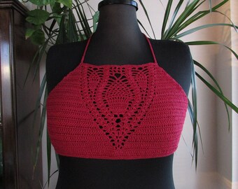 Festival Crochet Halter Top, Burgundy Color Top, Open Back Sexy Top, Bohemian Crochet Bikini Top, Beachwear, Crop Top, Crochet Bustier