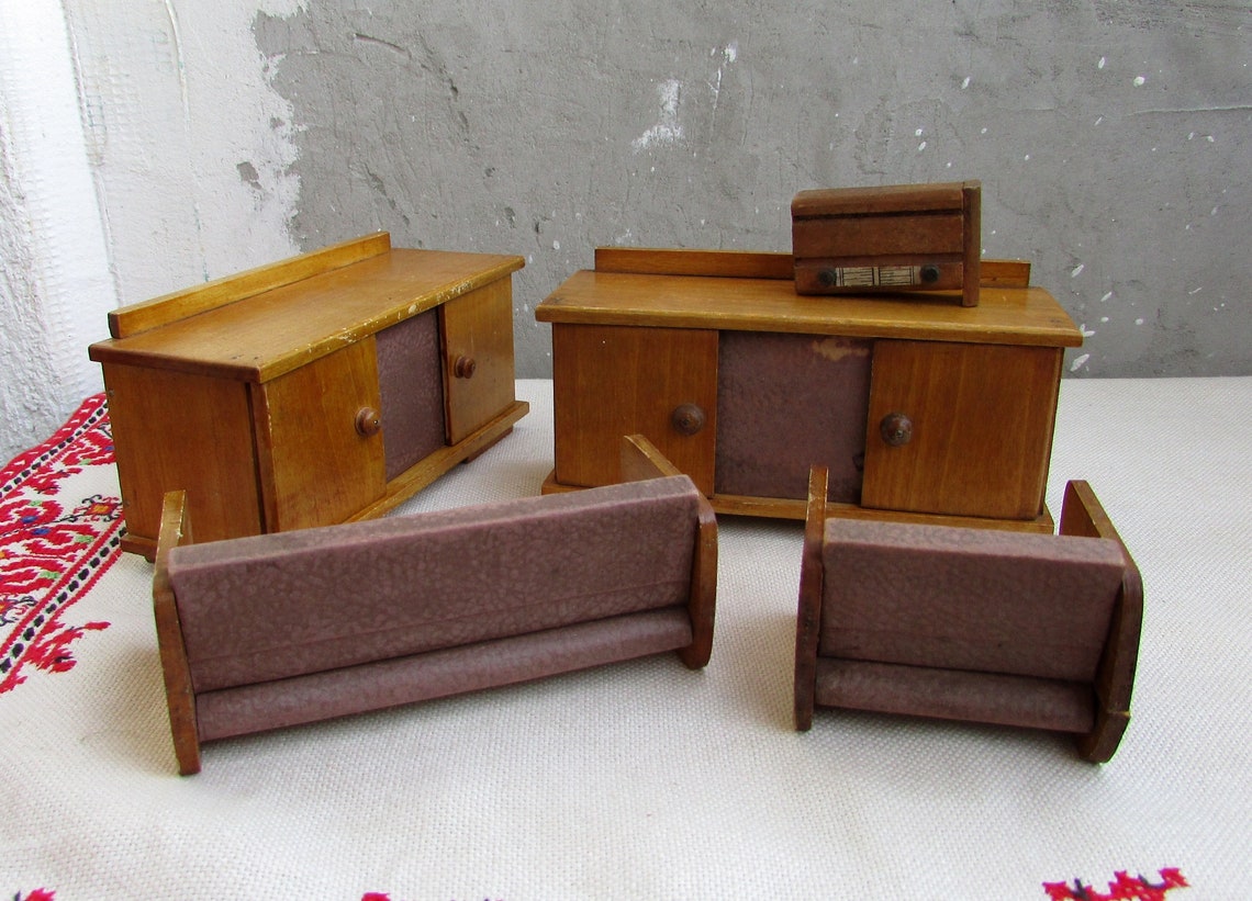 Vintage Wooden Dollhouse Furniture Vintage Set Wooden Etsy