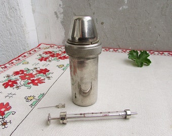 Medical Sterilizer Full Set, Vintage Glass Syringe 1 ml and Needle, Syringe Container, Brass Syringe Holder, Medical Container