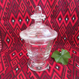 Vintage Footed Glass Bowl with Lid 1950s, Sugar Candy Glass Bowl, Pedestal Covered Glass Bowl, Clear Glass Dish, Antique Round Sugar Dish