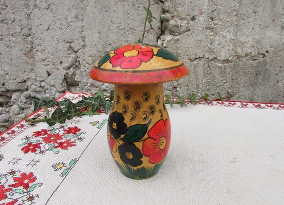 Vintage Hand-Painted Wooden Mushroom Box, Russian Folk Art Toy