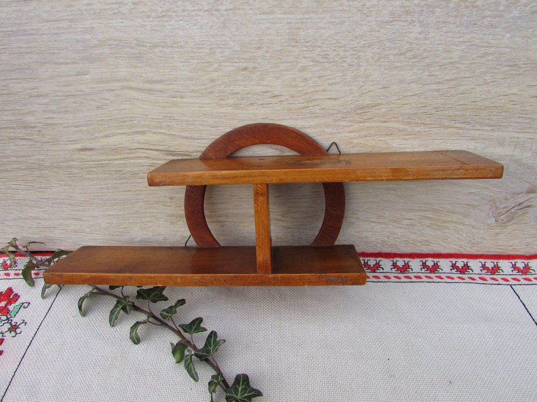 Vintage Wood Wall Shelf 70s, Hand Carved Wall Rack Shelf, Wooden