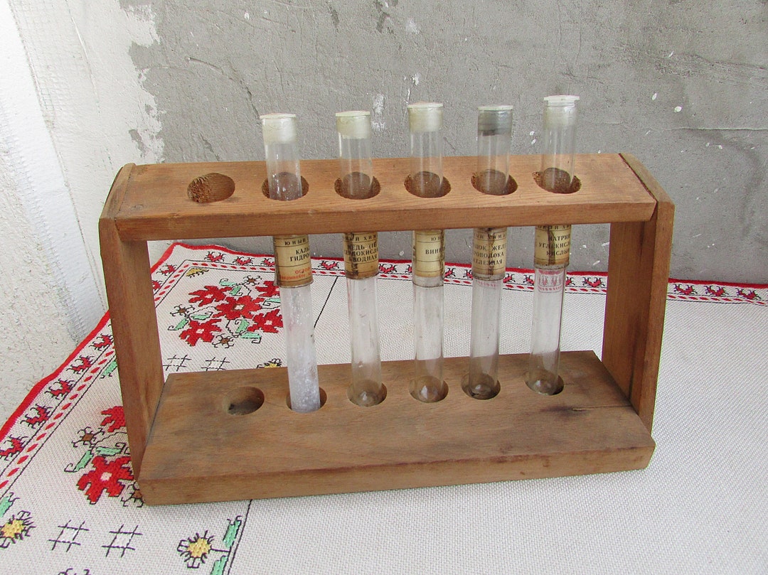 Vintage Wooden Lab Rack Test Tube Holder With Five Test Tubes Etsy