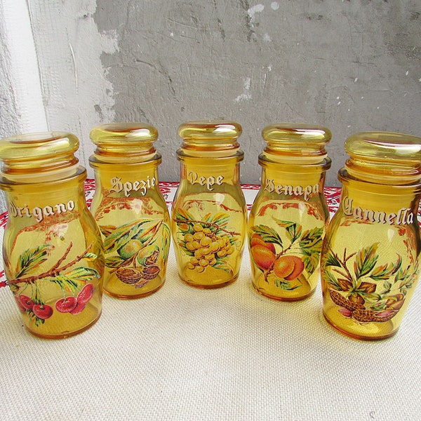 Bellissimo set di 5 barattoli di spezie in vetro giallo con coperchio, set vintage di 5 contenitori per spezie, barattoli di conservazione, erbe e spezie