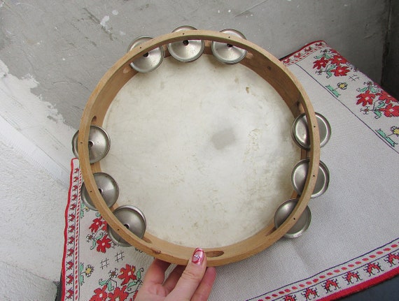 Vintage Wooden Tambourine Authentic Old Tambourine Natural Skin