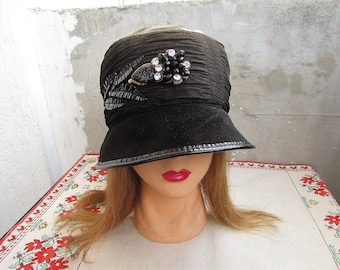 Vintage Suede Cloche Hat: Handmade Leather 1970s Brooch Accent