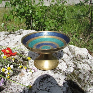 Vintage Brass Footed Bowl, Small Brass Pedestal Bowl, Unique Hand-painted Floral Desigh Bowl, Ornate Candy Fruit Dish, Etched Brass Bowl