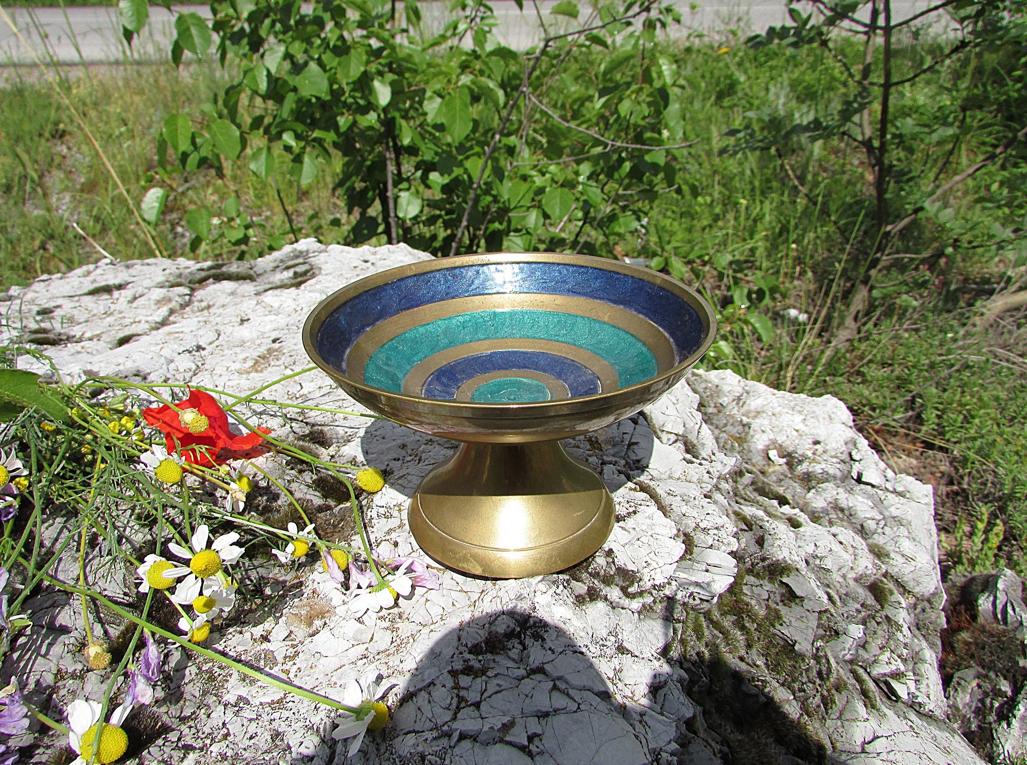 Vintage Brass Footed Bowl, Small Brass Pedestal Bowl, Unique Hand-painted Floral Desigh Bowl, Ornate Candy Fruit Dish, Etched Brass Bowl