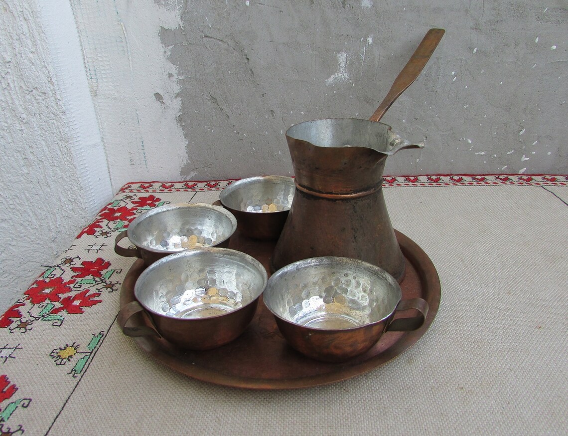 Copper Turkish Coffee Serving Set Coffee Pot Cezve Tray 2 Etsy