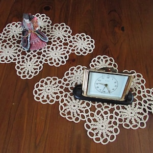 Set of Two Vintage Crochet Doilies ’80, Handmade Crochet Beige Cotton Tablecloths #3, Rhombus Crochet Doily, Shabby Chic Home Decor