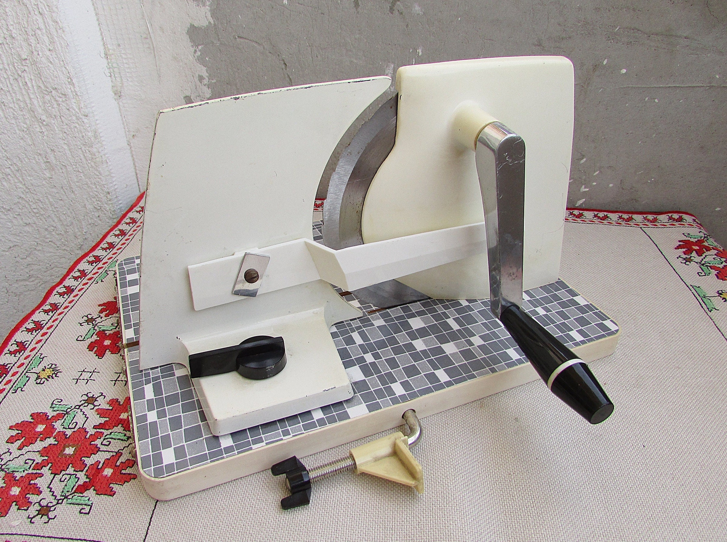 Vintage KYM Meat ,Cheese & Bread Slicer Hand Crank/ Fold Up Mid-Century