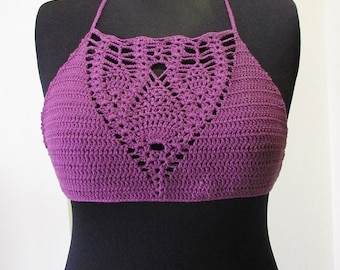 Crochet Halter Top, Violet Open Back Bikini, Bohemian Festival Wear