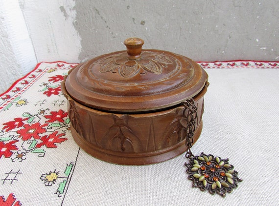 Boîte à Bijoux Ronde Ancienne En Bois Sculpté Vintage - Diamètre 17 Cm, Déco Occasion