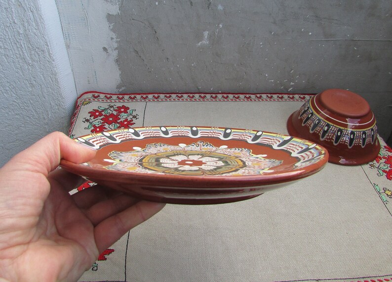 Traditional Bulgarian Pottery Stoneware Hand-Painted Glazed Plate Rustic Style Handmade Clay Plate Vintage Ceramic Serving Plate