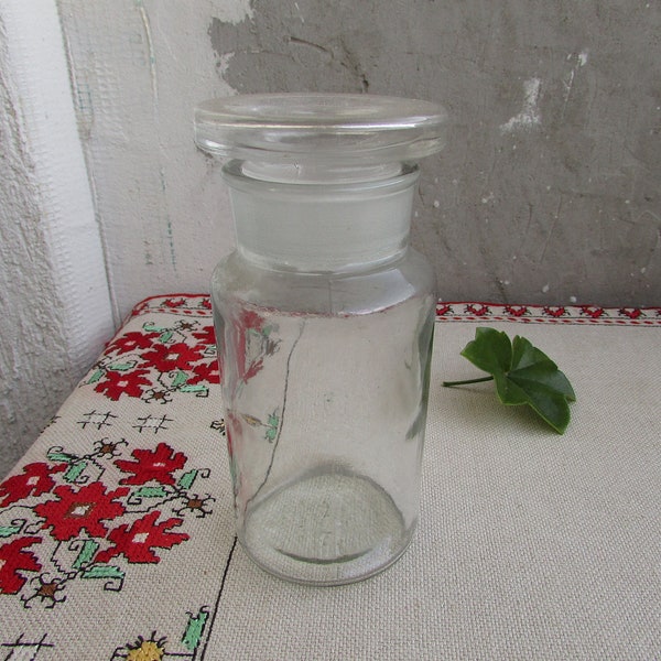 Vintage 250 ml Apothecary Clear Glass Bottle with Stopper #2, Old Chemistry Bottle, Retro Medical Jar, Pharmacy Medicine Bottle with Lid