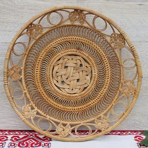 Vintage Round Basket Tray, Woven Storage Basket, Wicker Basket, Household Storage Tray, Rattan Basket Tray, Handcrafted Decorative Platter