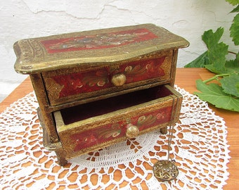 Vintage Hand-Painted Wood Jewelry Box, Small Cabinet