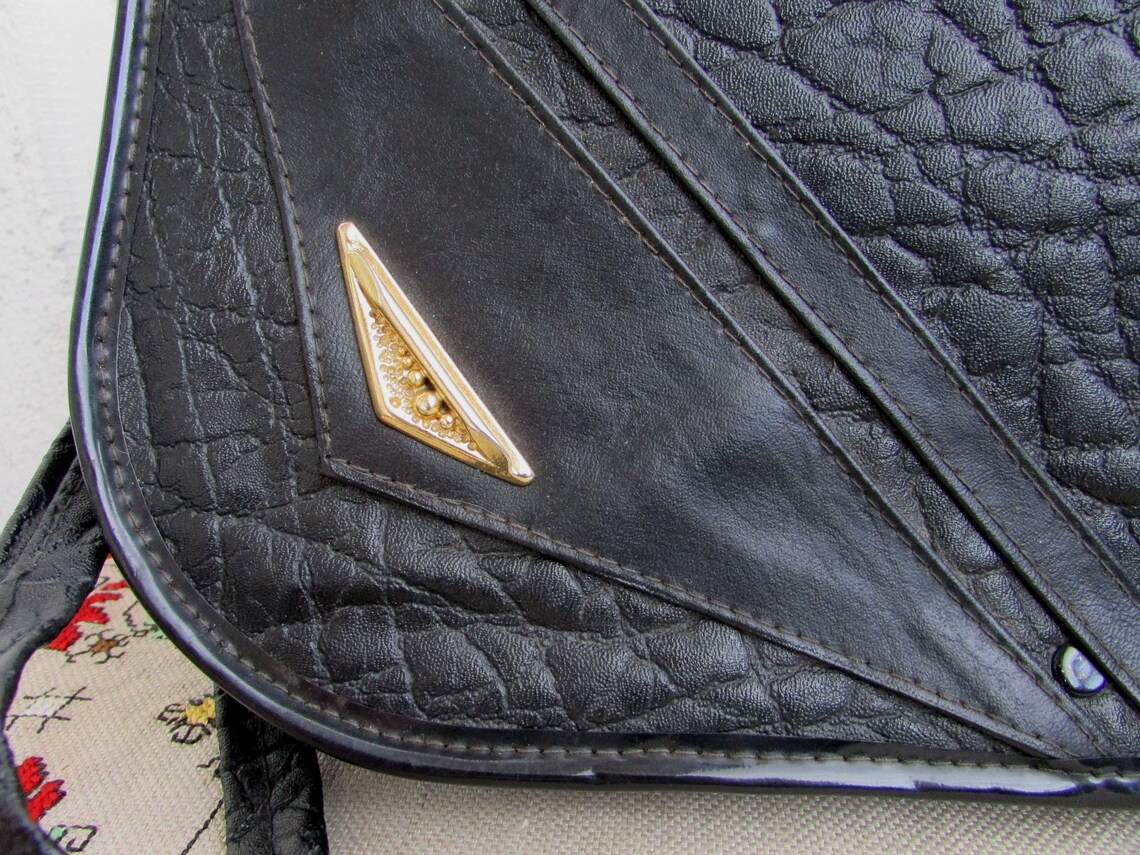 Vintage Black Faux Leather Shoulder Handbag, 80s Style, foto 4 di 5