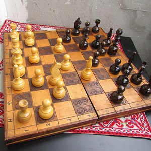 Vintage Wooden Chess Set 1970s, Big Chess Set with Handmade Wooden Box & Pieces, Collectible Wooden Folding Chess, Old Board Chess Game