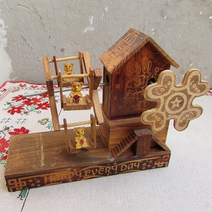 Vintage Wooden Music Box, Musical Movement Music Box, Handmade Music Box, Musical Carousel Bears on a Swing, Music Box for Girls Boys