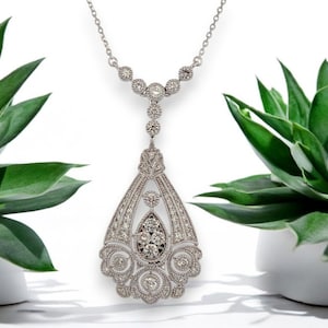 Fiora | 10k White Gold Diamond Pendant Necklace with .88 CTW Natural Round Diamonds 1 3/4&quot; Sparkling Drop Pendant