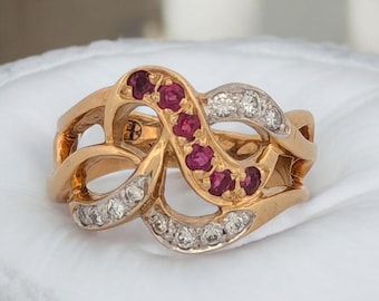 Delphine | 14k Yellow Gold Band with Diamond and Ruby, Unique Artisan Design by Barb Evans, Elegant Ring for Women, Perfect Luxury Gift