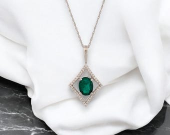 Effie 14k White Gold Emerald Necklace – 1.10 ct Green Emerald Pendant with .15 CTW Diamonds – Elegant Gemstone Necklace Gift for Her