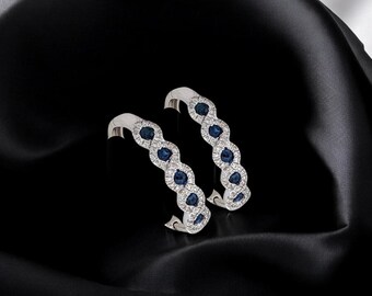 Aviana | 10K White Gold Hinge Hoop Earrings with 0.45ct Sapphires and 0.33ct Diamonds, Elegant Gemstone Hoops, Fine Jewelry Gift