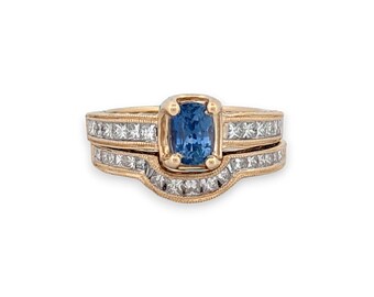 Marisol | 14K Yellow Gold Wedding Set With 1.25 CT Tanzanite Center, 1.52 CTW Natural Diamond Accents, Round & Princess Cut, Size 7