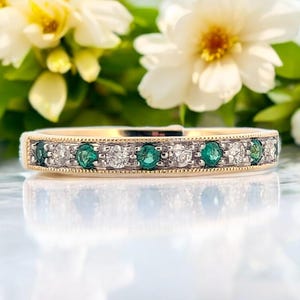 Wren | 10K Yellow Gold Emerald & Diamond Band, Dainty Gold Ring, May Birthstone Jewelry, Stackable Emerald Ring, Fine Jewelry Gift (Size 7)