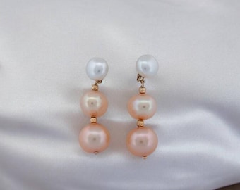 Hilda Freshwater Pearl Earrings| 10K Yellow Gold Peral Drop Dangle Earrings| White & Pink Earrings