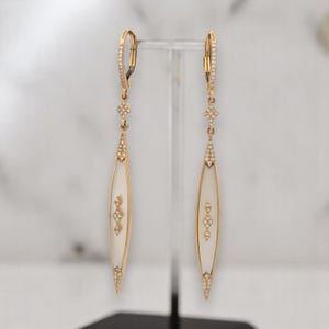 Melisande |  14K Yellow Gold Leverback Earrings with Luminous White Mother‑of‑Pearl Drops & .22ct Natural Round Diamonds
