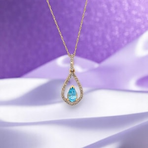 Layla | Blue Topaz Pendant, 10K Yellow Gold with Pear Shaped Swiss Blue Topaz & Natural Diamonds, Elegant Fine Jewelry Gift, 18" Chain